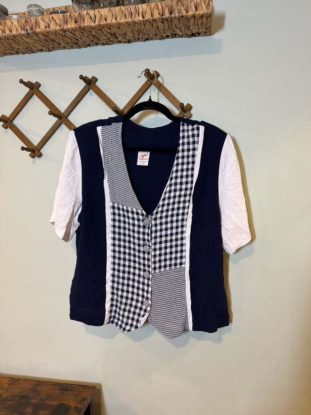 Vintage Graff Patchwork Gingham Colorblock Button Front Top Size XL